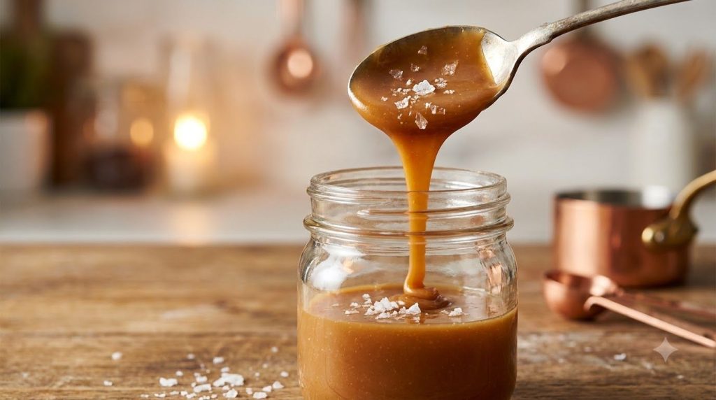 A luscious salted caramel sauce pouring from a spoon into a glass jar with sea salt flakes visible