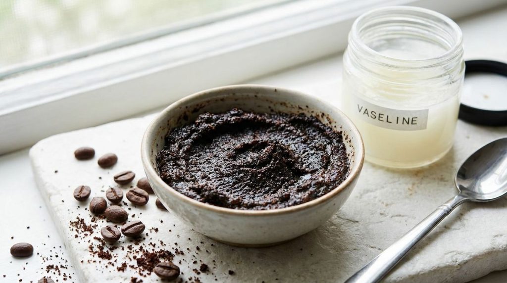 A small bowl with a mixture of Vaseline and coffee grounds ready to be used as a scrub A spoonful of coffee grounds and 