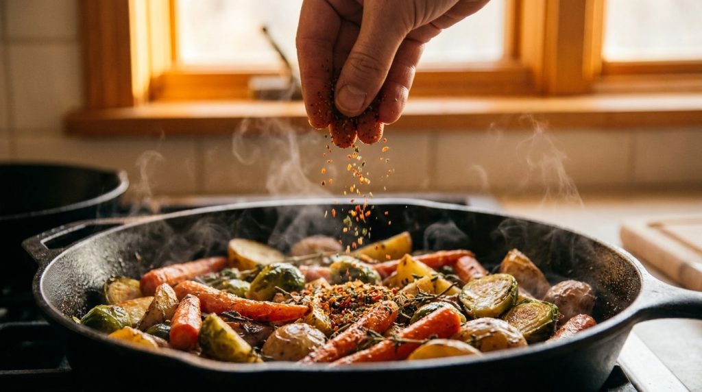 A hand sprinkling a homemade spice blend over a sizzling pan of roasted vegetables creating a vibrant and appetizing sce