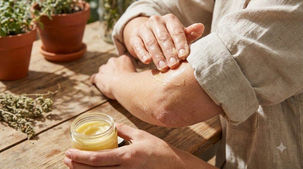 A woman s hands applying a homemade balm to her cracked heels or dry elbows showing the creamy texture and immediate moi
