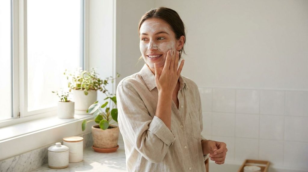 A woman gently massaging a homemade Vaseline and baking soda scrub onto her face smiling softly The setting is a bright