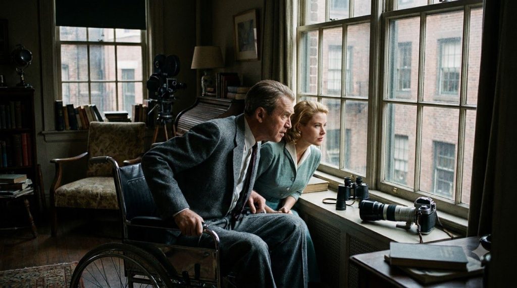 James Stewart and Grace Kelly in a scene from Alfred Hitchcock s Rear Window looking intensely at something outside a wi