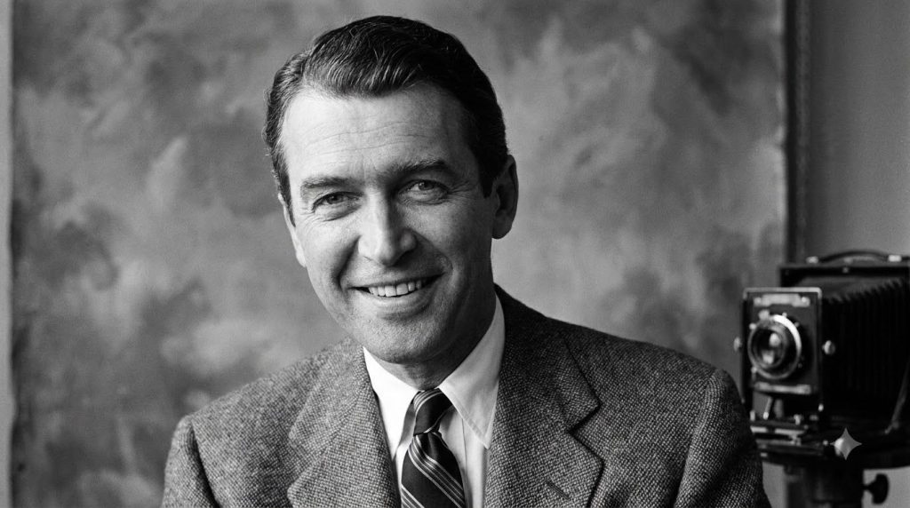 Classic black and white portrait of James Stewart smiling in a suit from the Golden Age of Hollywood