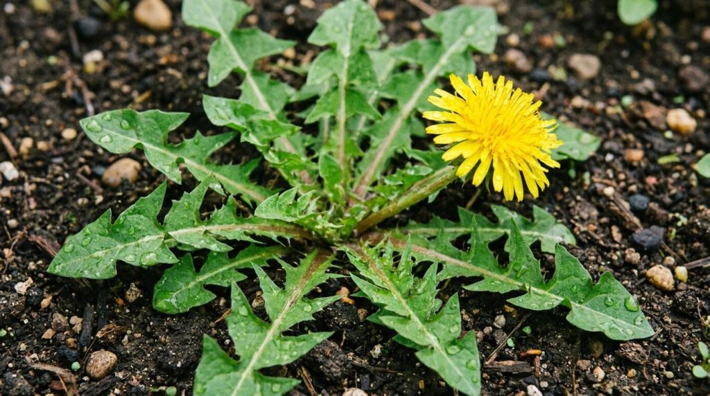 A close-up of a dandelion plant showing its characteristic leaves and a yellow flower growing in a garden bed