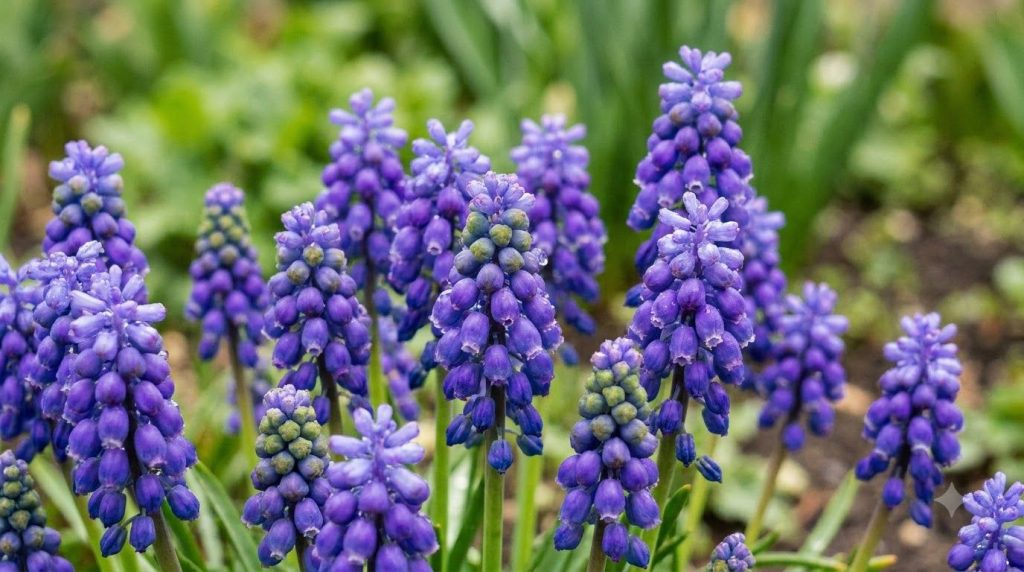 Close-up of bright purple grape hyacinths Muscari blooming in a garden bed with soft green background