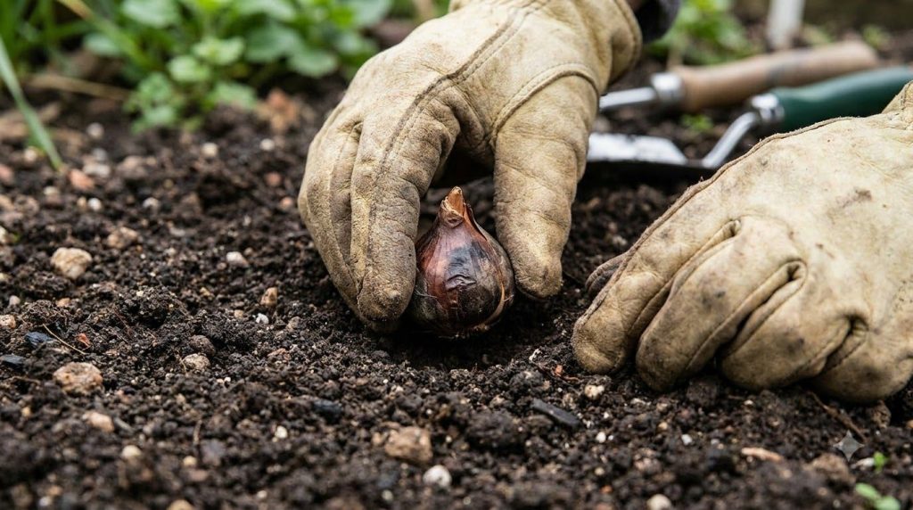 Close-up of a gardener s hands planting flower bulbs in well-prepared soil showing the correct orientation of the bulb w