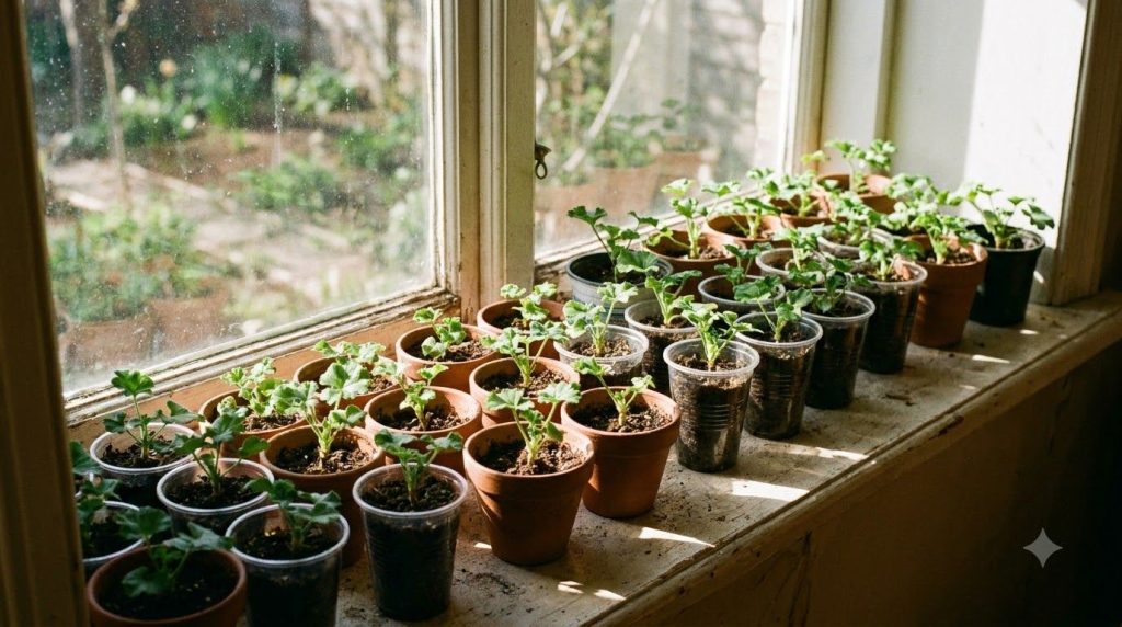 A collection of small potted geranium plants newly propagated arranged neatly on a windowsill thriving indoors