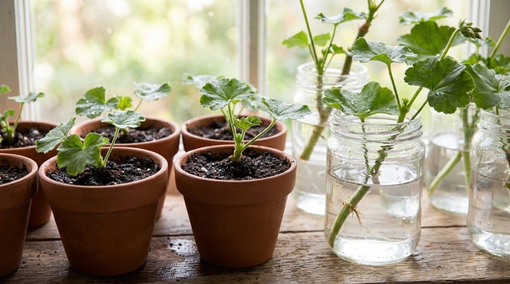 Several geranium cuttings freshly planted in small pots filled with potting mix with some rooted cuttings showing visibl