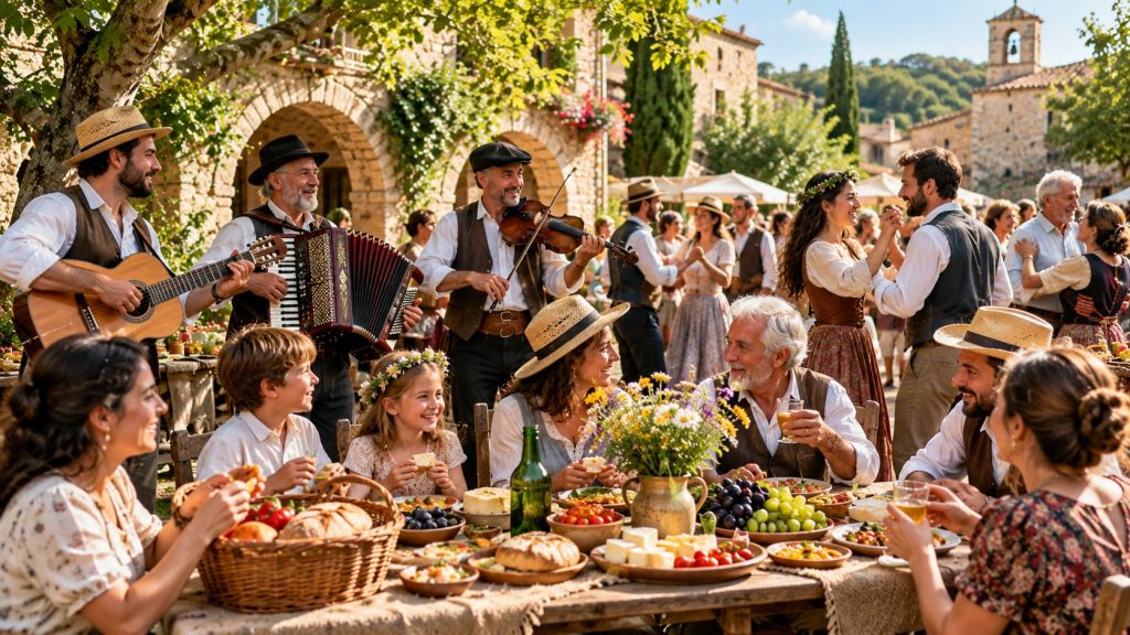 A lively community gathering with people of all ages chatting playing music and sharing food outdoors in a warm inviting