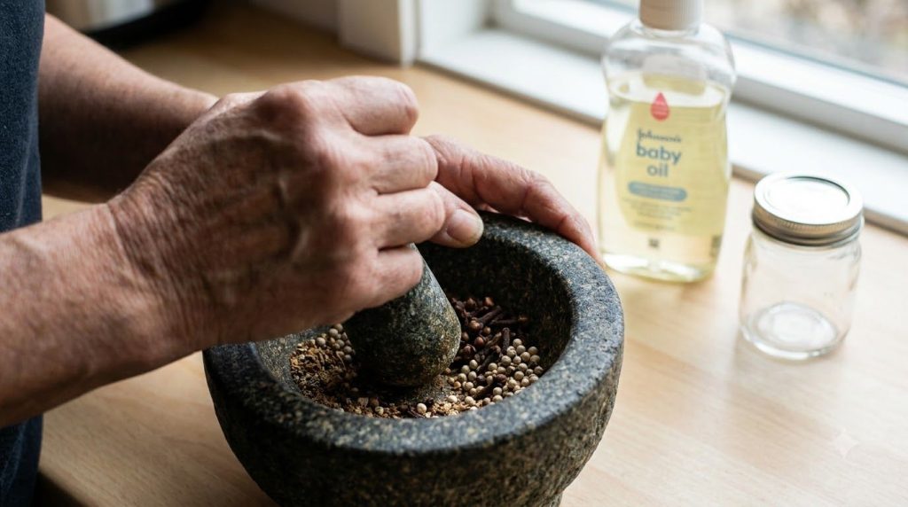Hands crushing cloves and peppercorns in a mortar and pestle next to a bottle of baby oil and a small glass jar