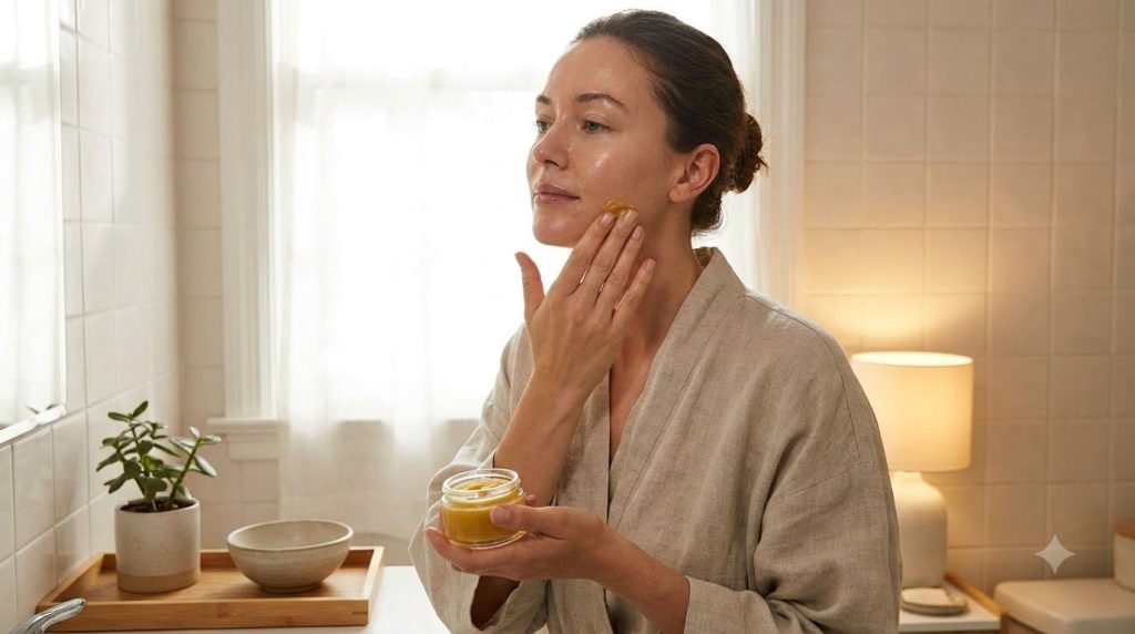 A woman gently massaging a small amount of the infused oil and Vaseline blend onto her face and neck