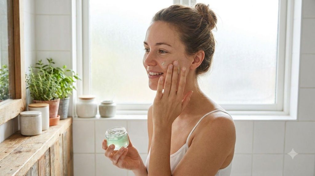 A woman gently applying a DIY face mask to her cheek illustrating the How to Use It section with a soft natural glow