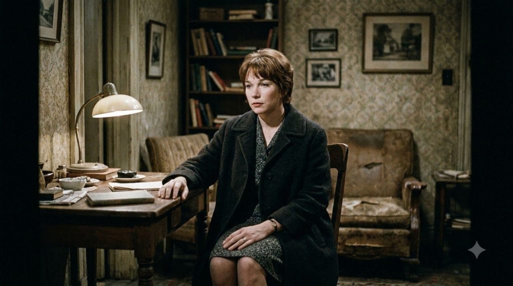 Shirley MacLaine in a dramatic scene from The Apartment looking pensive or troubled