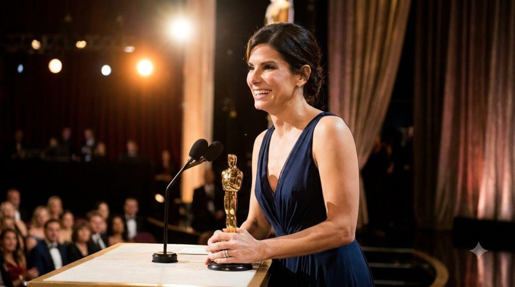 Sandra Bullock holding her Academy Award for Best Actress smiling proudly at an awards ceremony