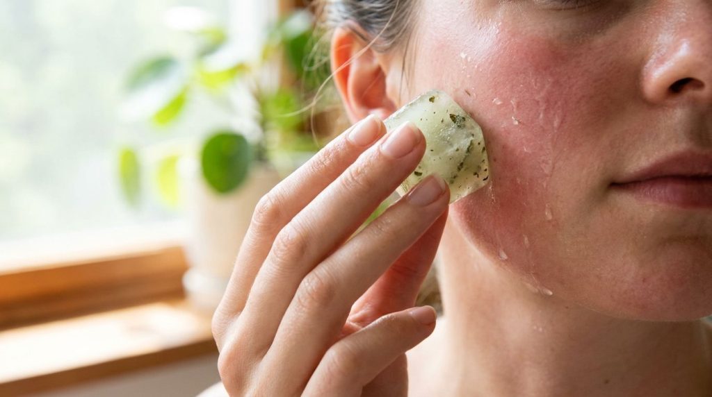 A person s hand gently rubbing a green tea and aloe vera ice cube across their cheek demonstrating facial application