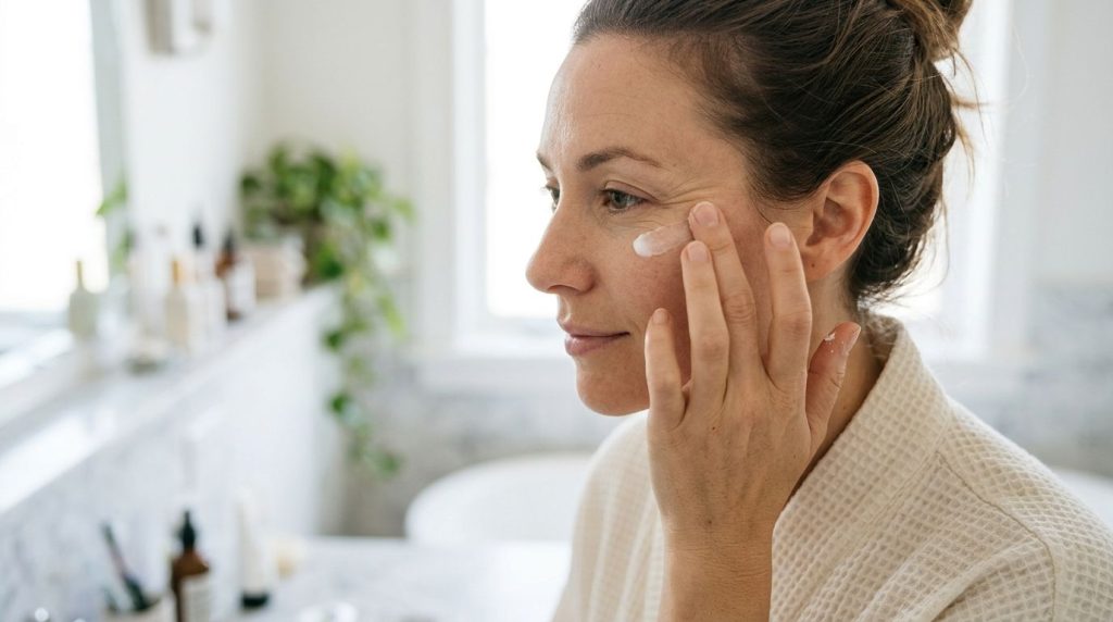 A woman gently massaging a small amount of Vaseline mixture onto the fine lines around her eyes demonstrating safe and c