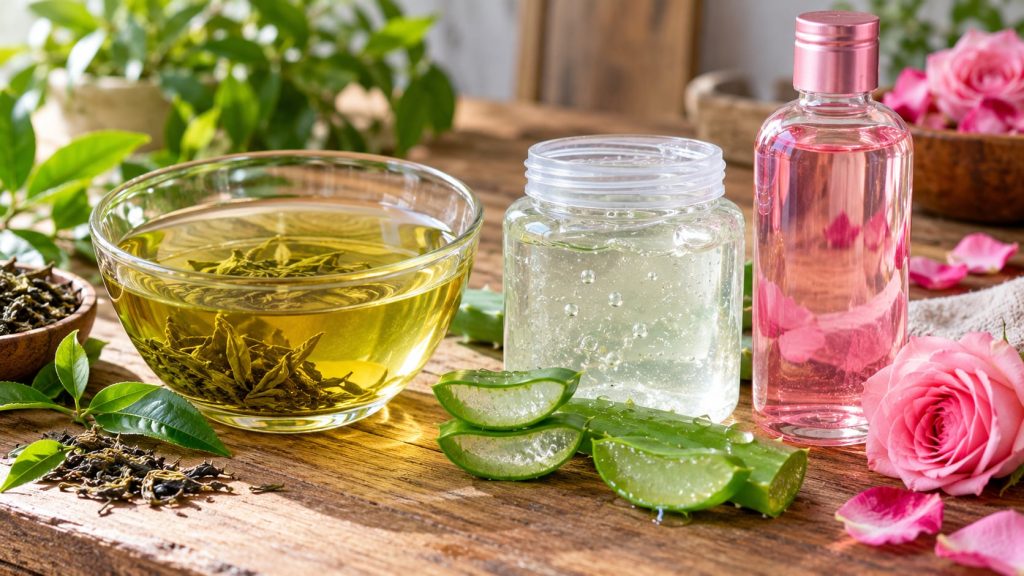 Ingredients for beauty ice cubes a bowl of brewed green tea a bottle of aloe vera gel and a bottle of rose water arrange