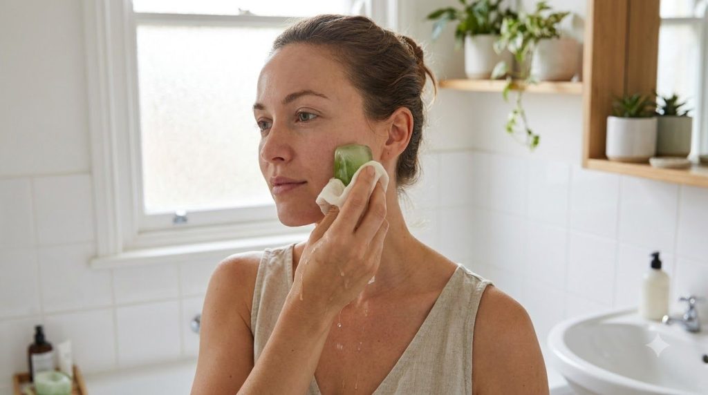 A woman gently rubbing an aloe vera ice cube on her cheek demonstrating the application of the beauty ice cube