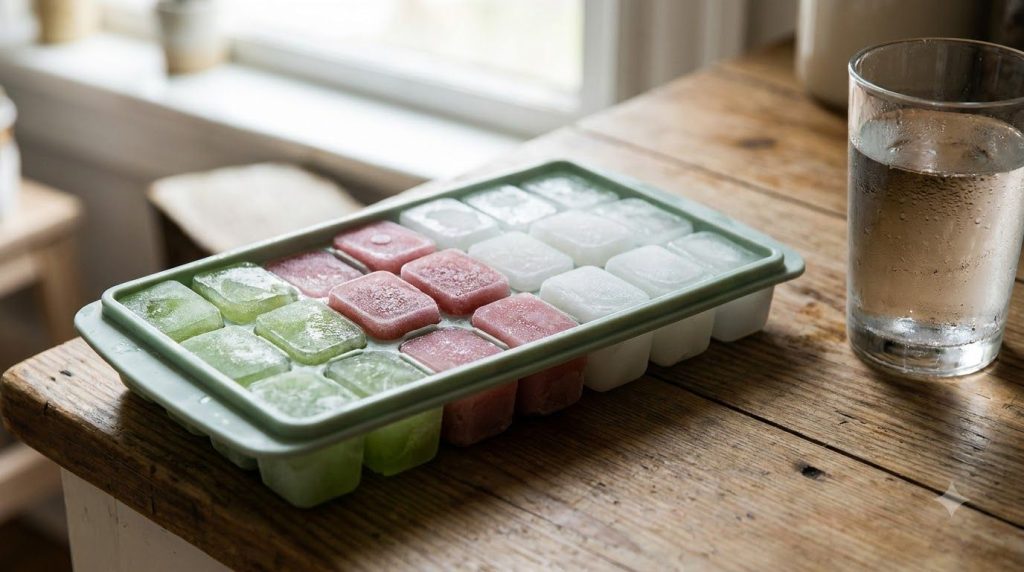 Frozen colorful beauty ice cubes showing green pink and milky white colors arranged neatly in an ice cube tray