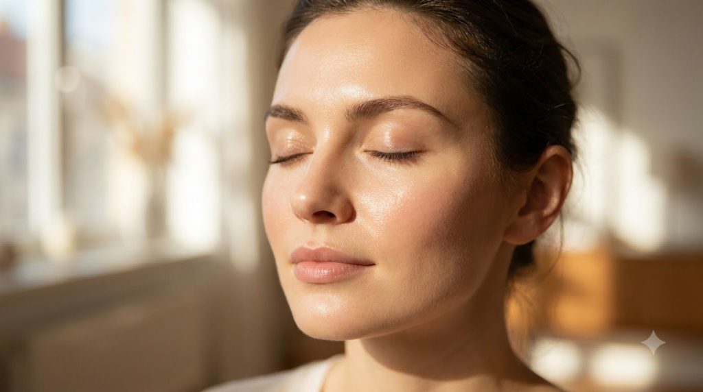 A close-up of a woman s face showing glowing hydrated skin in the morning light after an overnight treatment