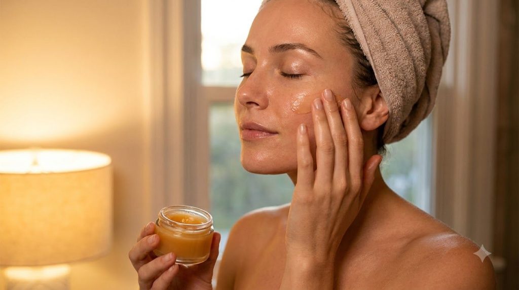 A woman with clean radiant skin gently applying a balm to her cheek as part of an evening routine with a soft glow effec