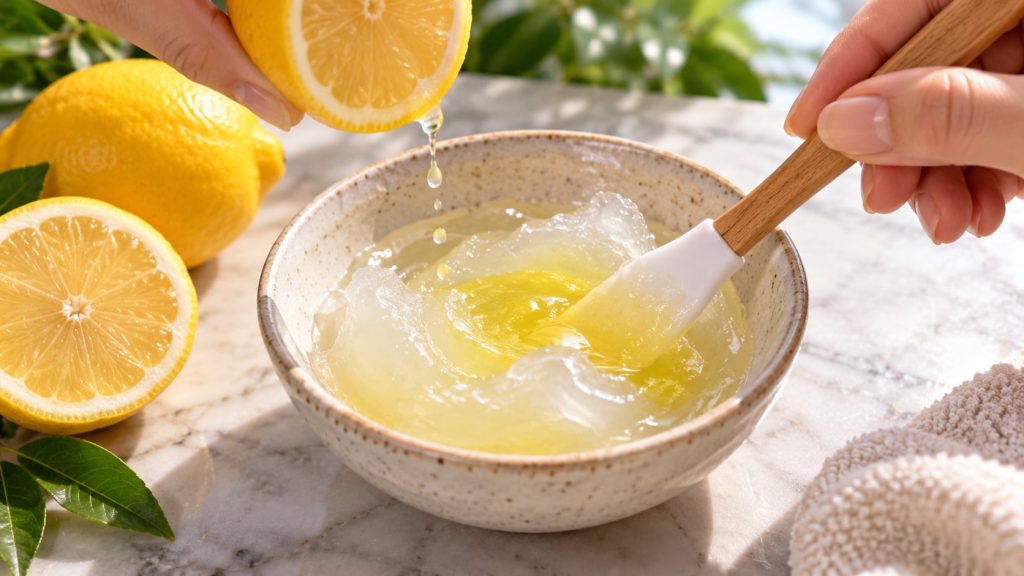 A close-up shot of a small bowl with Vaseline and lemon juice being mixed with a tiny spatula illustrating the how to ma