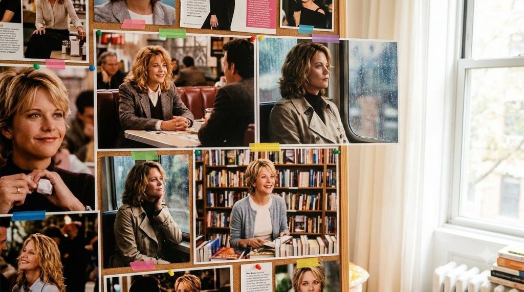 A collage of Meg Ryan in her iconic romantic comedy roles Sally in When Harry Met Sally short hair expressive face Annie