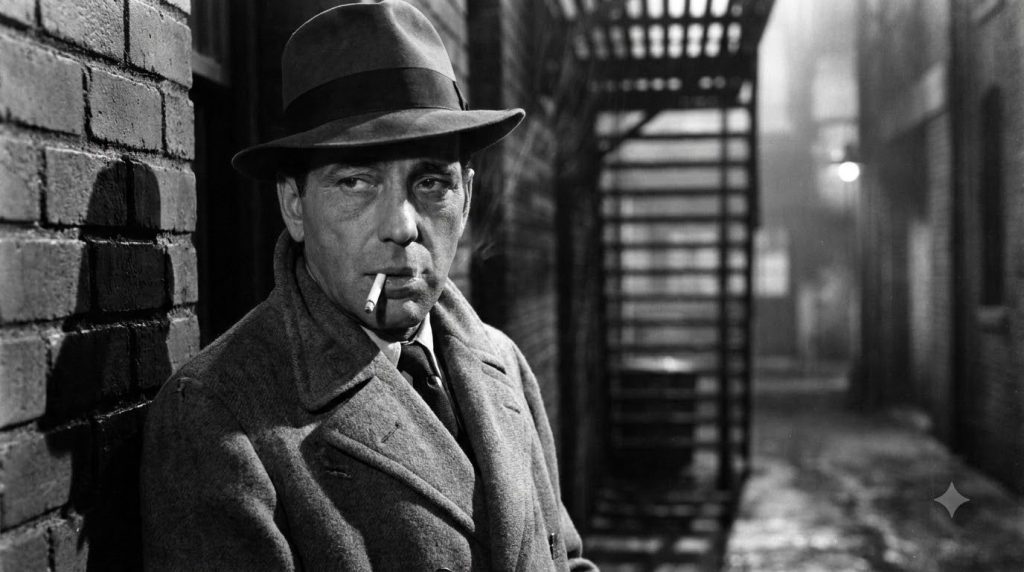 Black and white portrait of Humphrey Bogart wearing a fedora and trench coat with a cynical expression