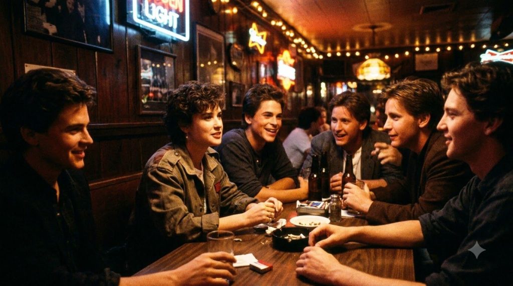 A still from St Elmo s Fire showing Demi Moore in her younger days with other Brat Pack actors