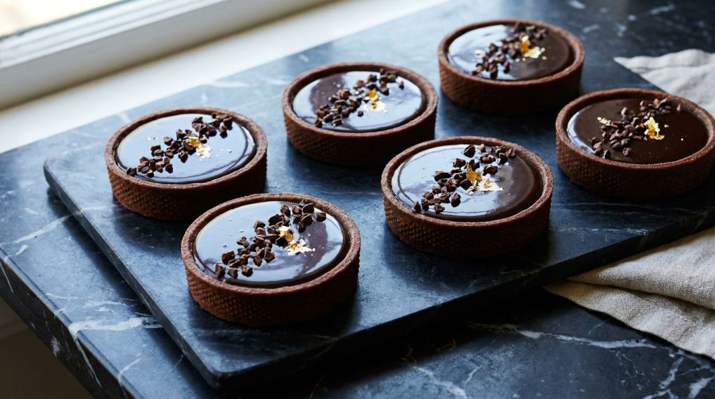 Glossy dark chocolate ganache mini tarts garnished with cocoa nibs and gold flakes on a dark serving tray
