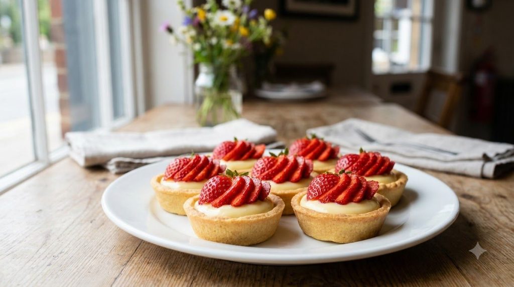 Mini tarts filled with creamy vanilla custard and adorned with fresh sliced strawberries glistening with a light glaze