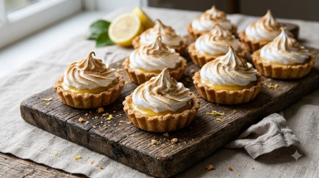 Mini tarts with a vibrant yellow lemon curd filling and fluffy toasted meringue peaks on a rustic wooden board