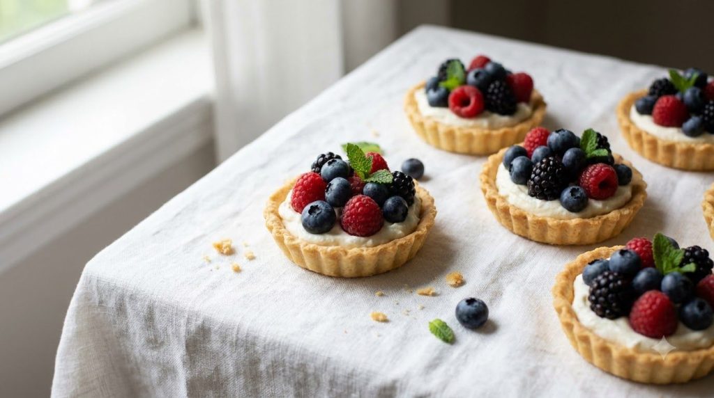 Mini tarts filled with a light mascarpone cream and topped generously with an assortment of fresh mixed berries like blu