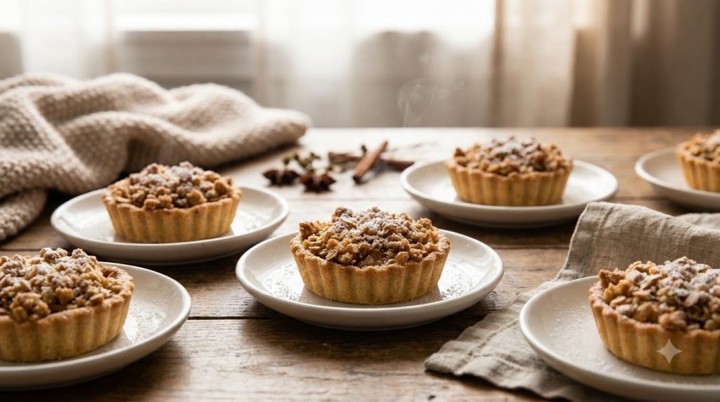 Warm mini tarts with a spiced apple filling and a buttery crumbly oat topping served individually on small plates