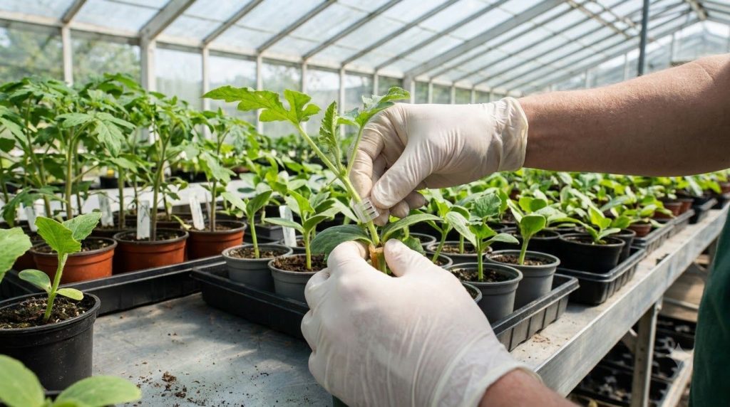 A gardener carefully placing a grafting clip to secure a watermelon scion onto a pumpkin rootstock stem in a controlled 