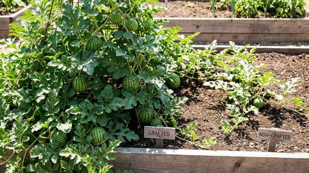 A visual comparison showing a healthy vigorous grafted watermelon plant next to a smaller less robust non-grafted waterm