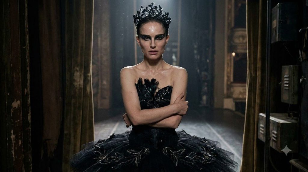 Natalie Portman in character as a ballerina from Black Swan looking intense and dramatic