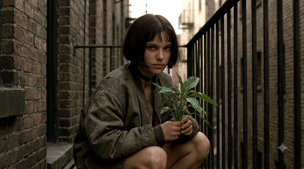A movie still of a young Natalie Portman in Léon The Professional showing her character Mathilda with a bob haircut look