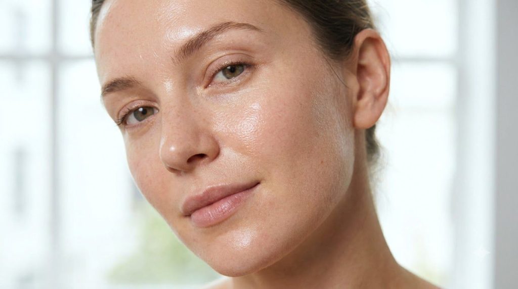 Close-up of a woman s radiant smooth skin with a healthy glow possibly after using a beauty treatment