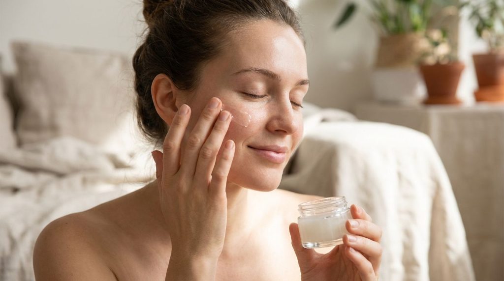 A woman gently applying the homemade Vaseline glow balm to her face eyes closed with a soft serene expression