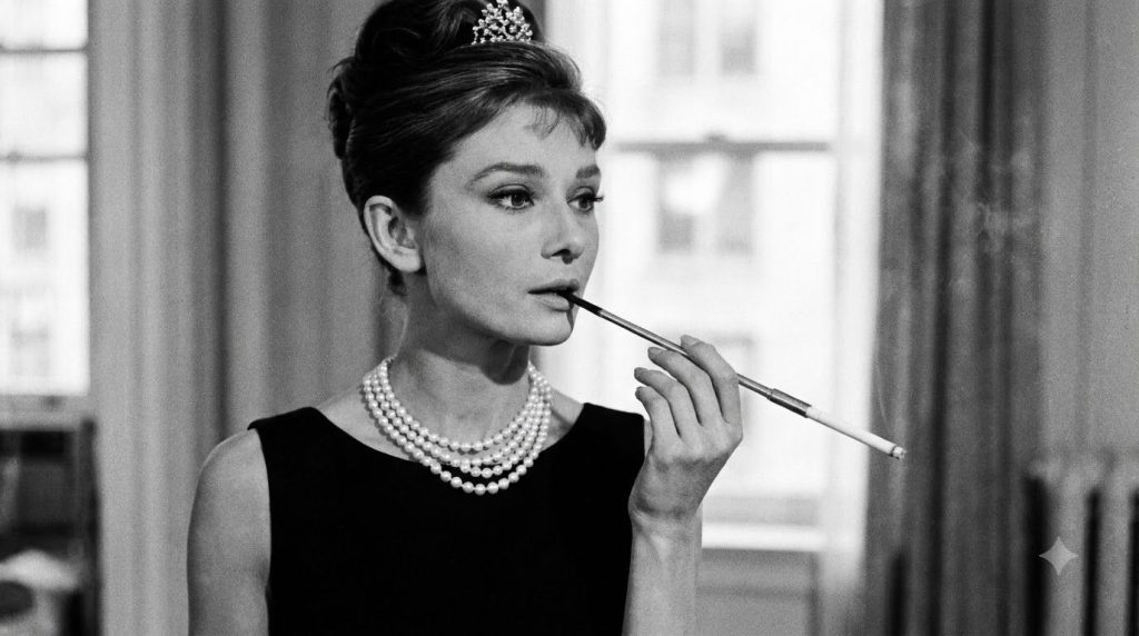 A movie still of Audrey Hepburn as Holly Golightly in Breakfast at Tiffany s wearing her iconic black dress and pearls