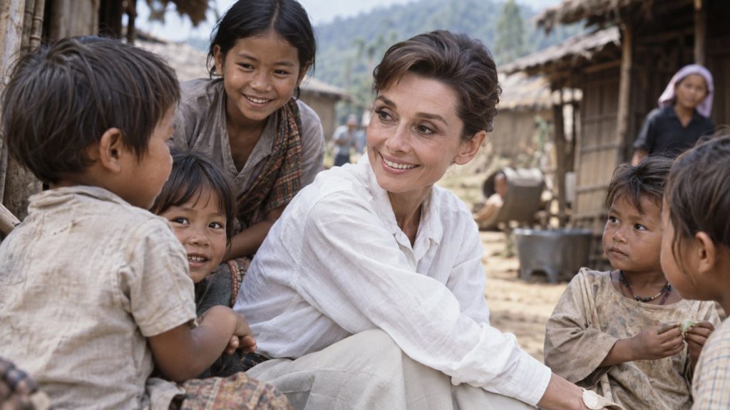 A photograph of Audrey Hepburn during her UNICEF work interacting with children in a humanitarian setting
