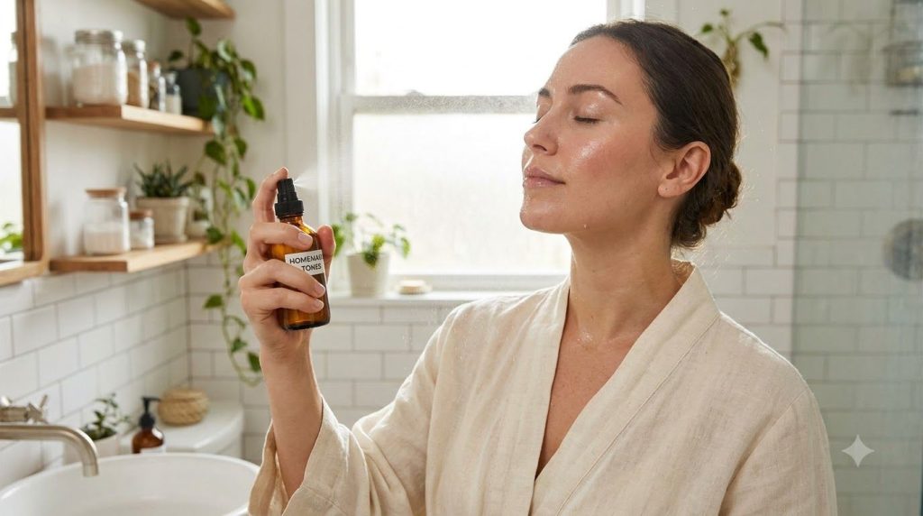 A woman gently spritzing her face with a homemade toner from a small glass spray bottle eyes closed a soft glow on her s