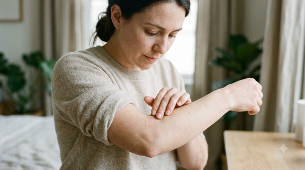 Close-up of a woman checking a small patch of skin on her inner arm for any redness after a patch test