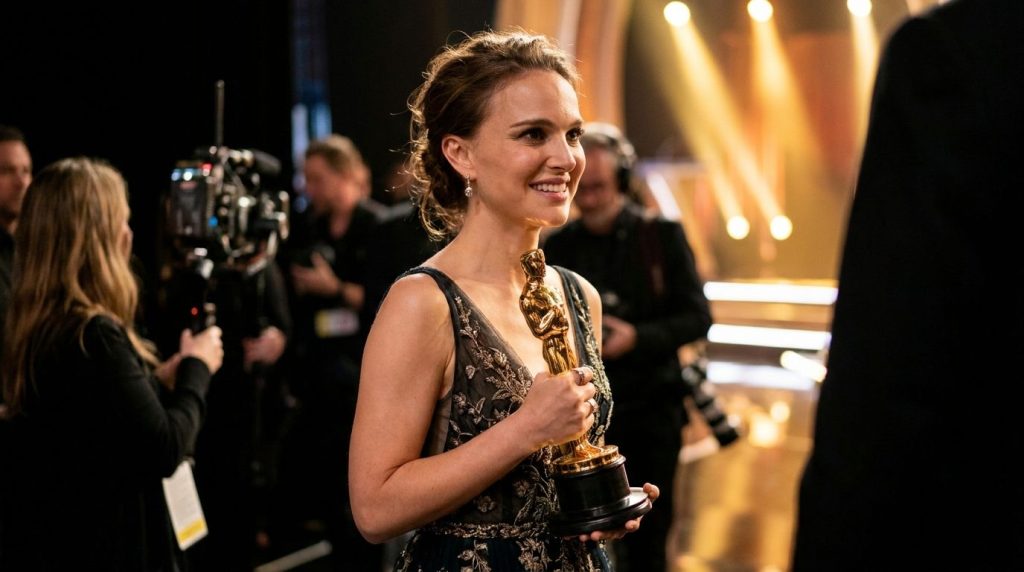 Natalie Portman holding an Oscar or a publicity photo from her Black Swan era