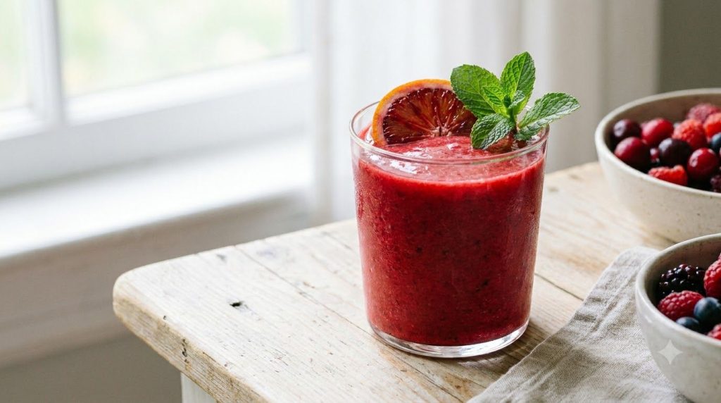 A vibrant red smoothie drink in a clear glass garnished with a slice of orange or a mint sprig on a light table ready to