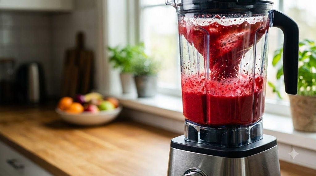 A blender containing a vibrant red mixture of carrots beetroot oranges and seeds actively blending to create a smooth dr