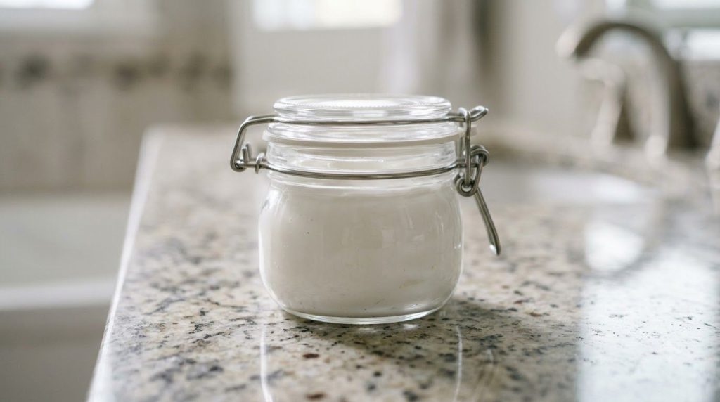 A small airtight container filled with the freshly mixed Nivea and Vaseline cream on a countertop ready for storage