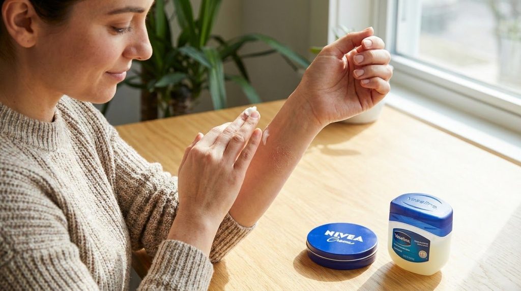 A woman gently applying the Nivea and Vaseline mixture to a dry patch on her arm demonstrating the application technique
