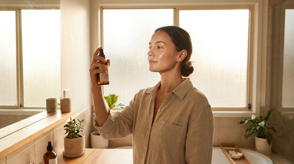 A woman gently misting her face with a homemade rice water and clove spray showing a refreshing and hydrating step in he